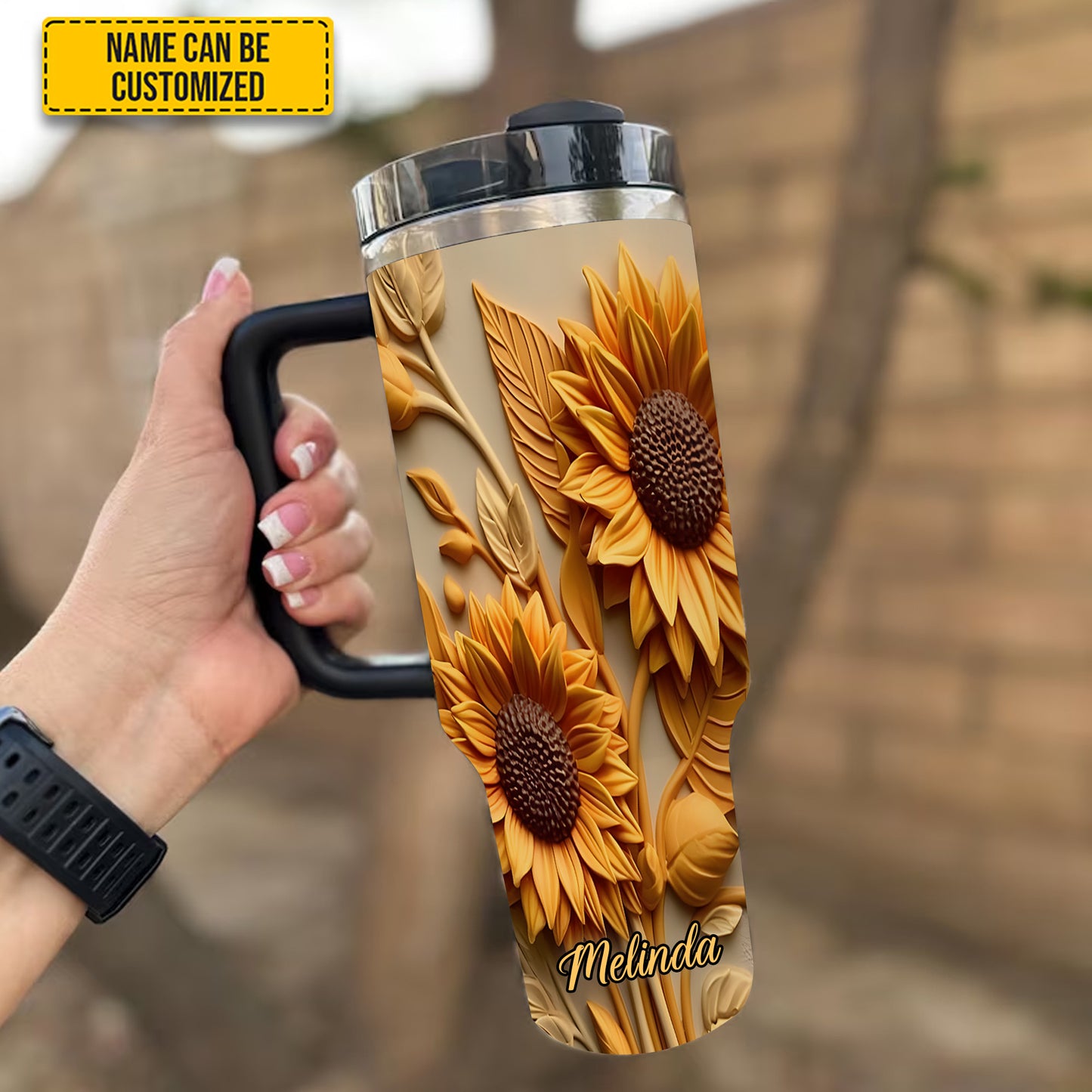 Love Sunflower - Personalized Tumbler With Handle 40oz