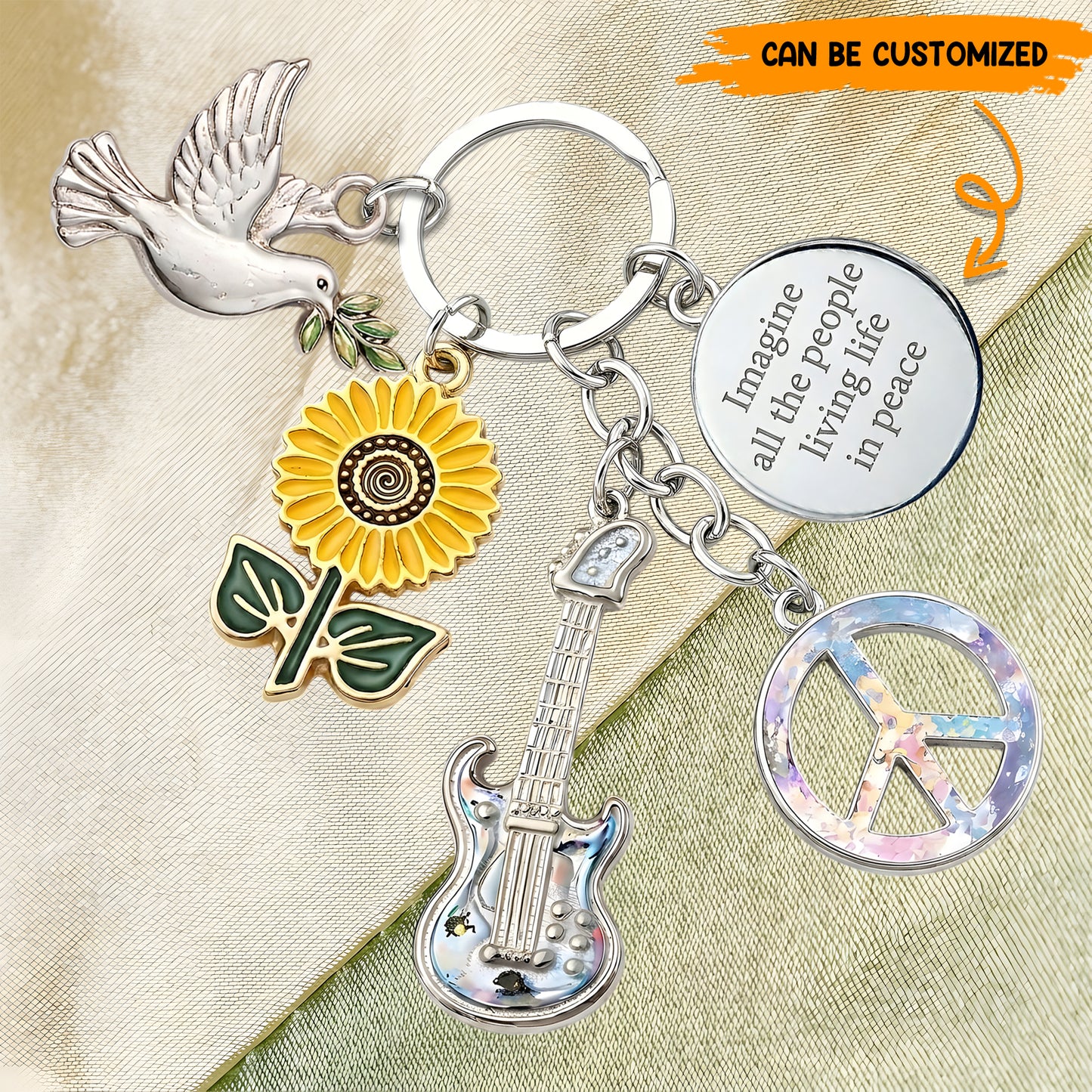 Imagine All The People Living Life In Peace - Hippie Keychain With Charms