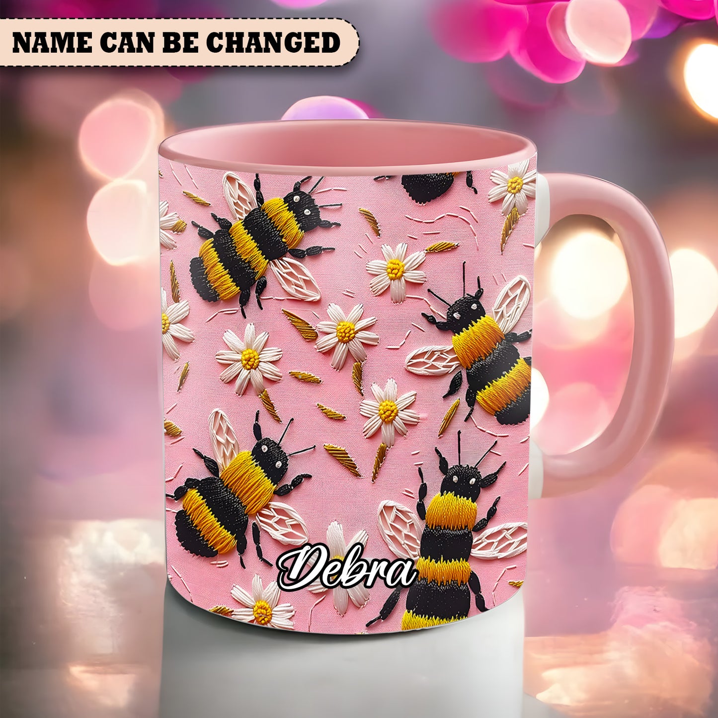Personalized Bee & Daisy Accent Mug – Embroidered Style