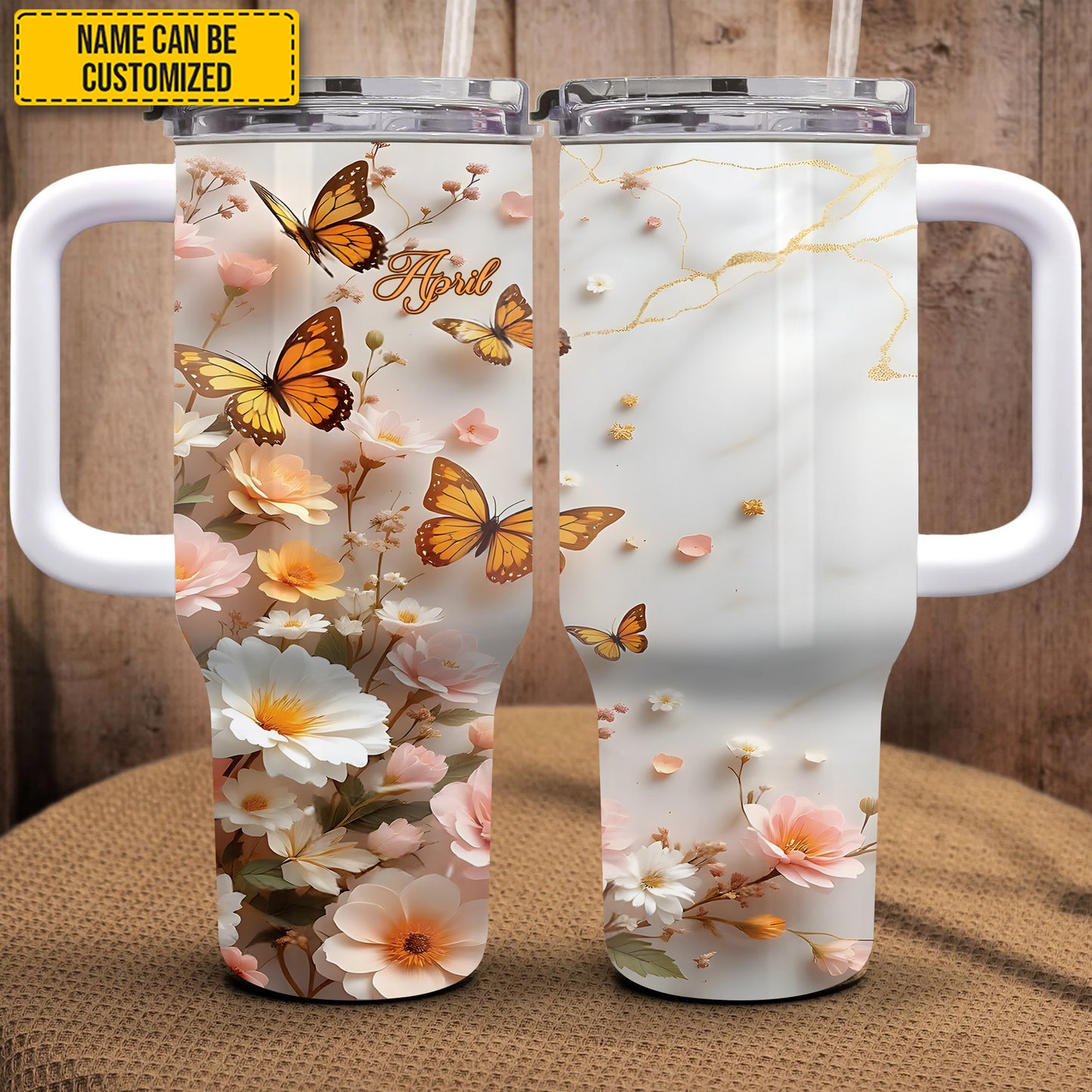 Flowers With Butterfly - Personalized Tumbler With Handle 40oz
