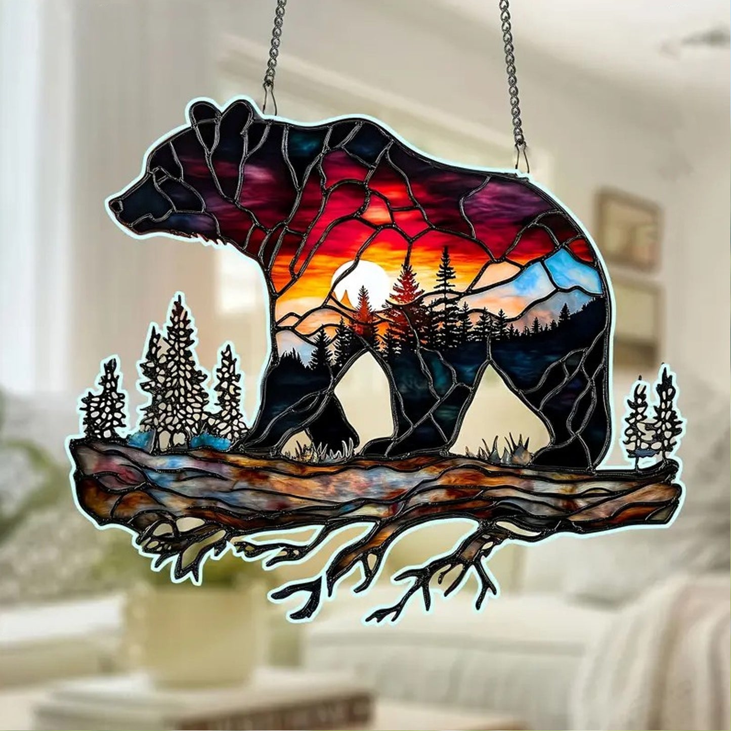 Bear Wanderlust Camping Suncatcher - Personalized Shape Stained Glass Suncatcher