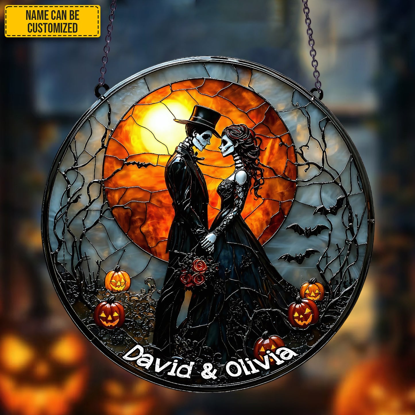 Couple Skull Suncatcher - Personalized Couple Stained Glass Suncatcher