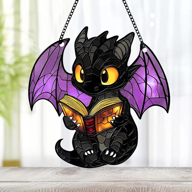 Reading Book Dragon Acrylic Window Hanging