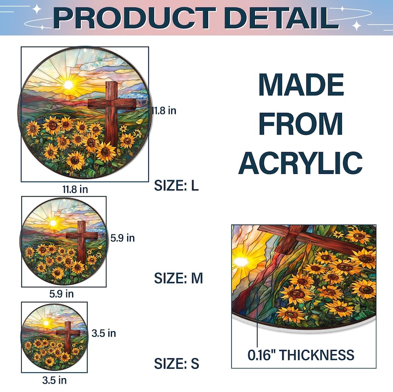 Sunflower and Cross Acrylic Ornament, Floral Window Hanging Ornament