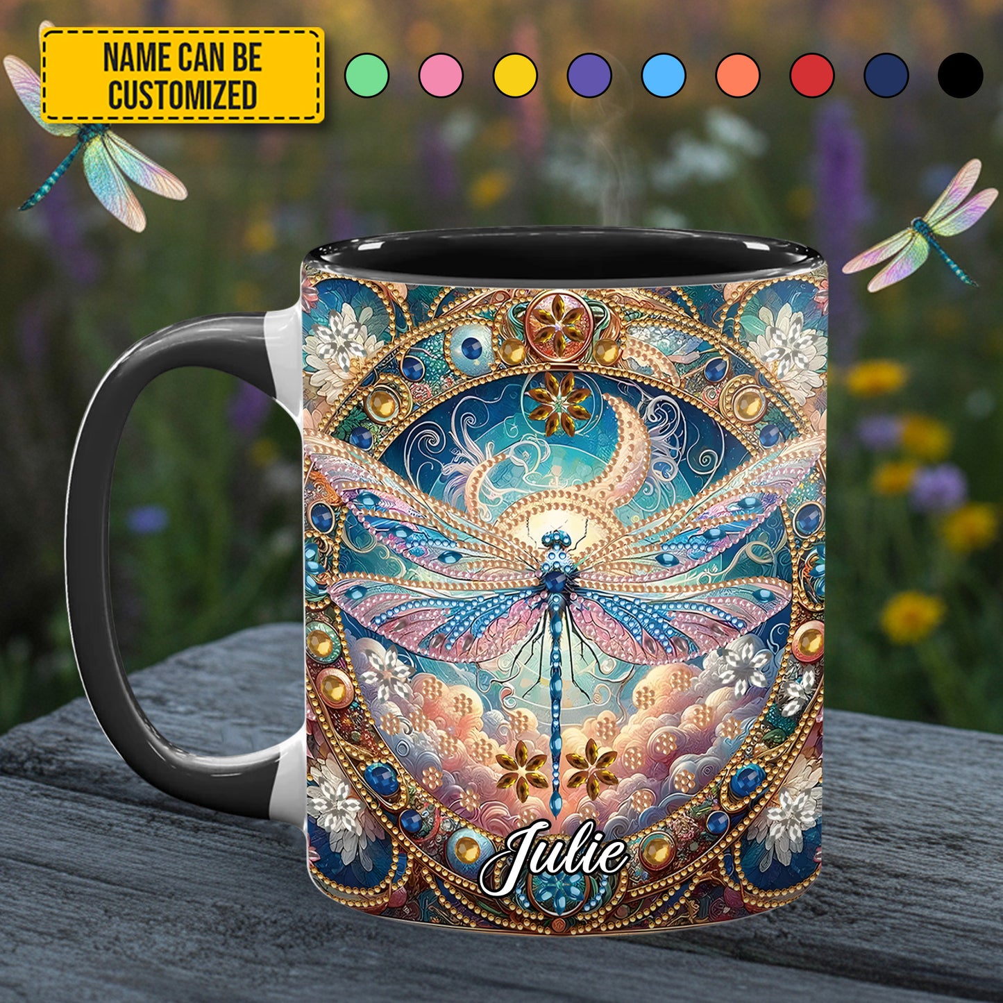 Dragonfly & Flowers - Personalized Dragonfly Accent Mug