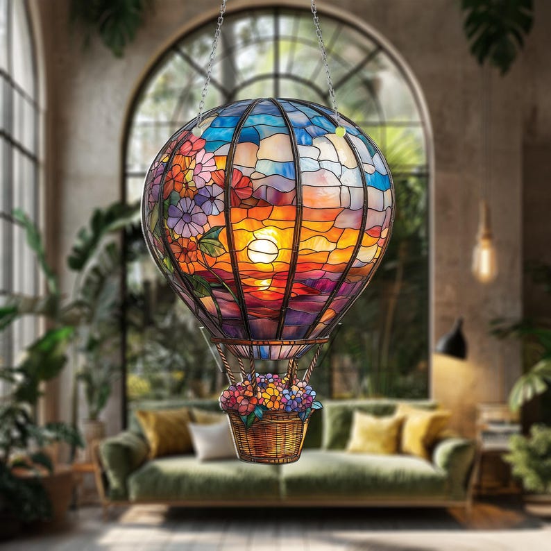 Sunset Hot Air Balloon Flowers Window Hanging