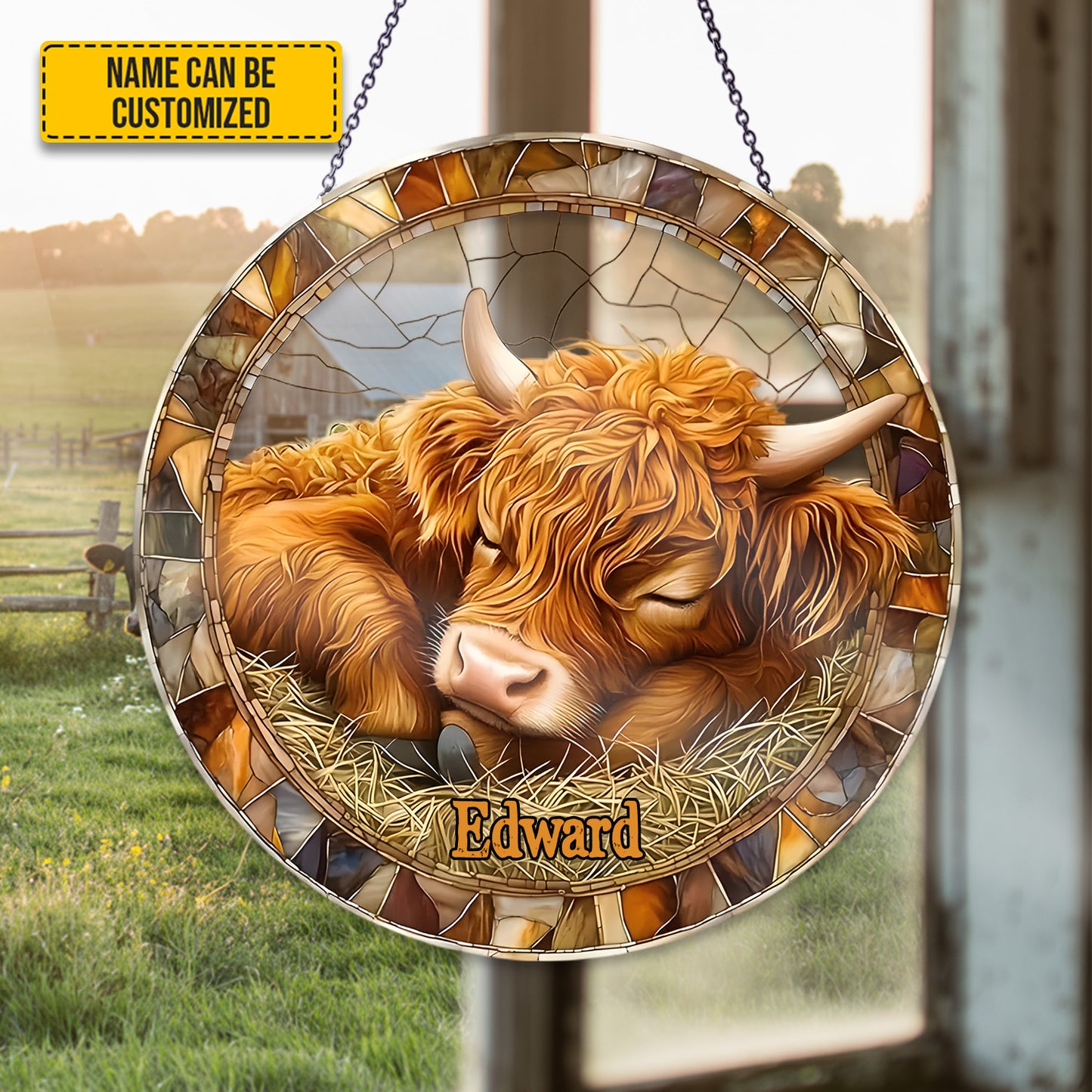 Personalized Sleeping Highland Cow Stained Glass Suncatcher