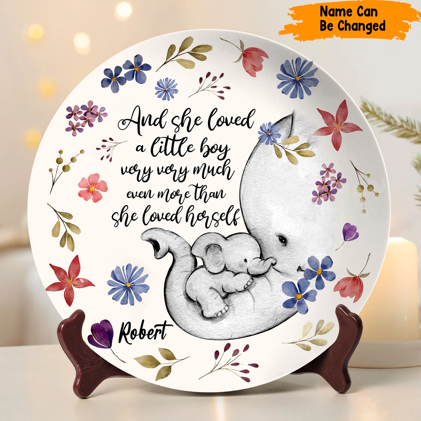 And She Loved - Personalized Mother Elephant Ceramic Round Plate