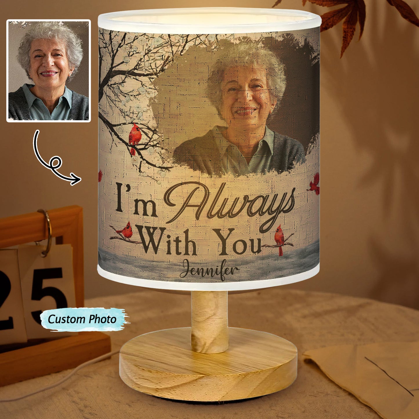 I'm Alway With You Fabric Lamp, Personalized Memorial Wood Base Fabric Lamp