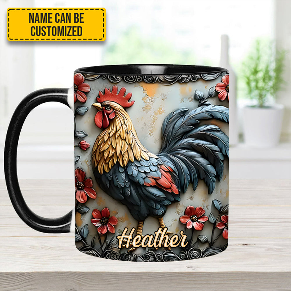 Rooster and Vibrant Flowers - Personalized Chicken Accent Mug