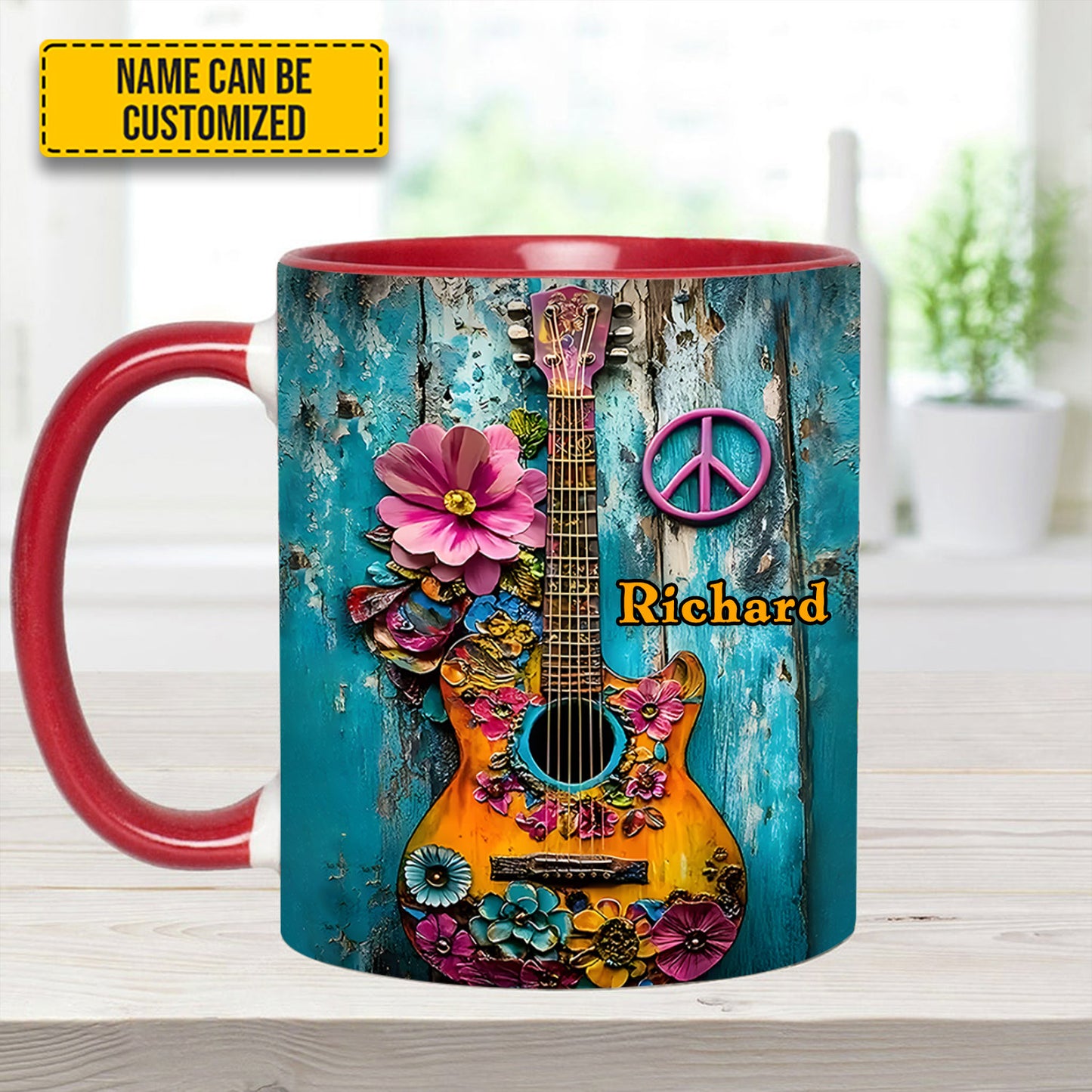 Guitar Flower Hippie - Personalized Guitar Accent Mug