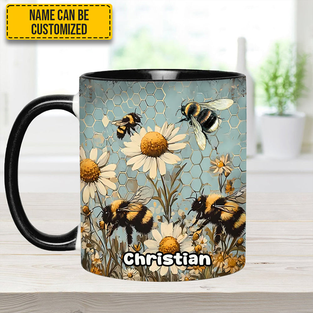 Vintage Garden Bee Floral Daisy - Personalized Bee Accent Mug