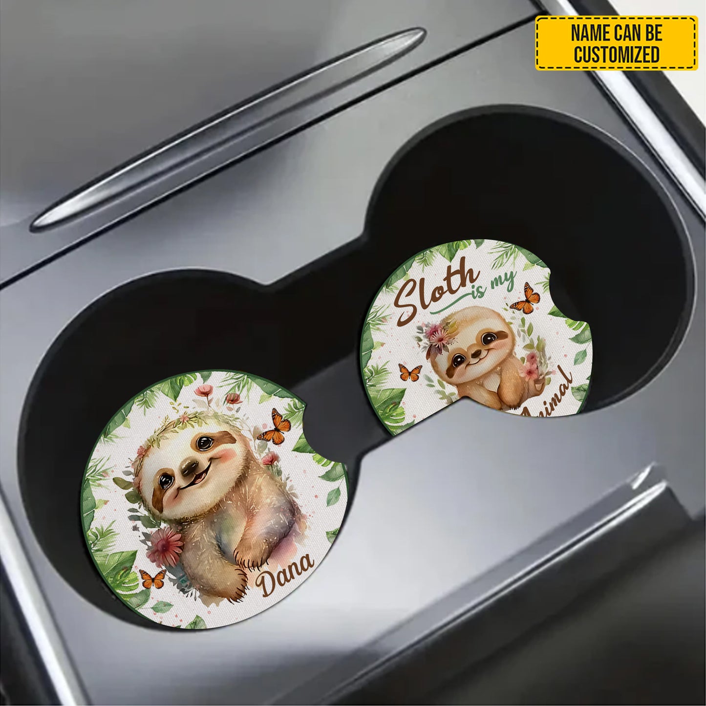 Personalized Sloth-Themed Car Coaster