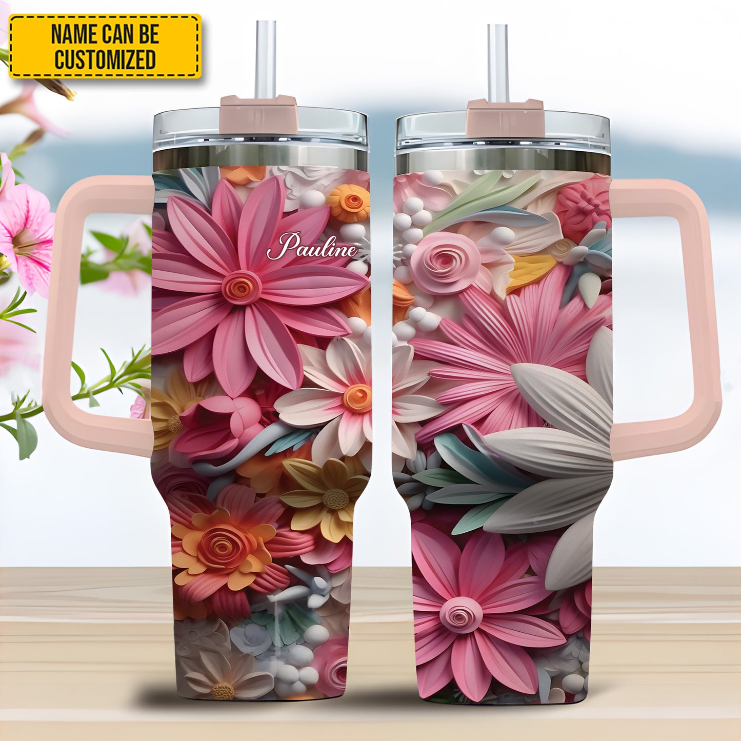Colorful Flowers - Personalized Tumbler With Handle 40oz