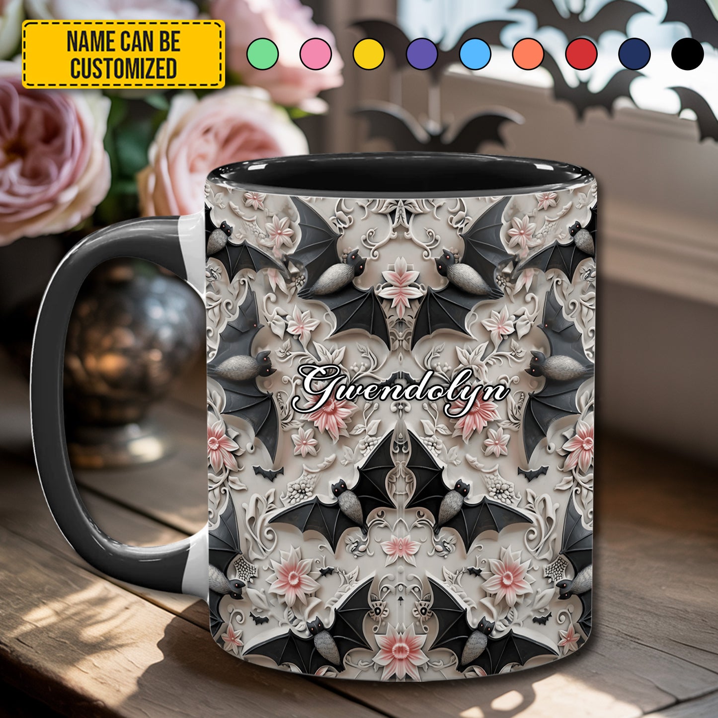 Midnight Bloom – Personalized Bat Accent Mug