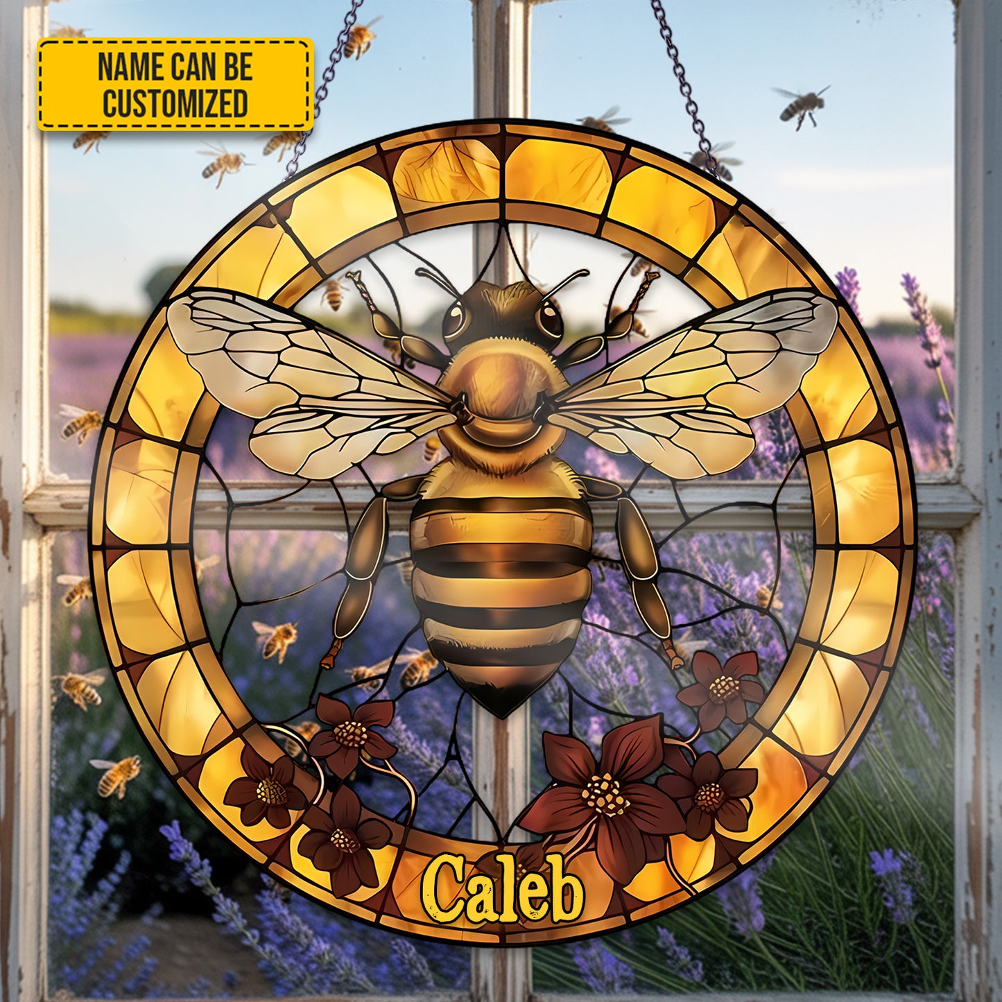 Personalized Golden Honeybee Stained Glass Suncatcher