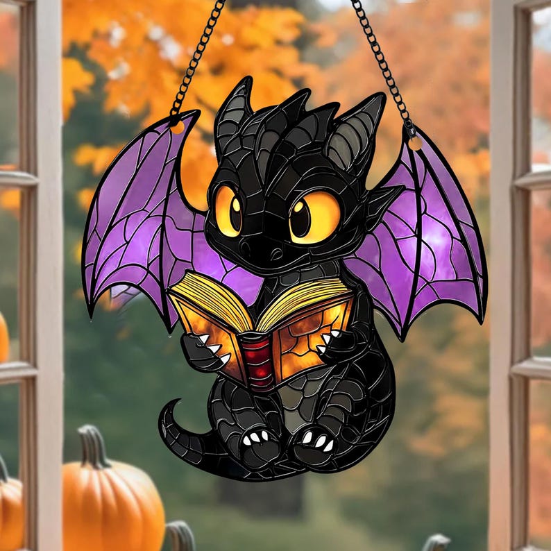 Reading Book Dragon Acrylic Window Hanging