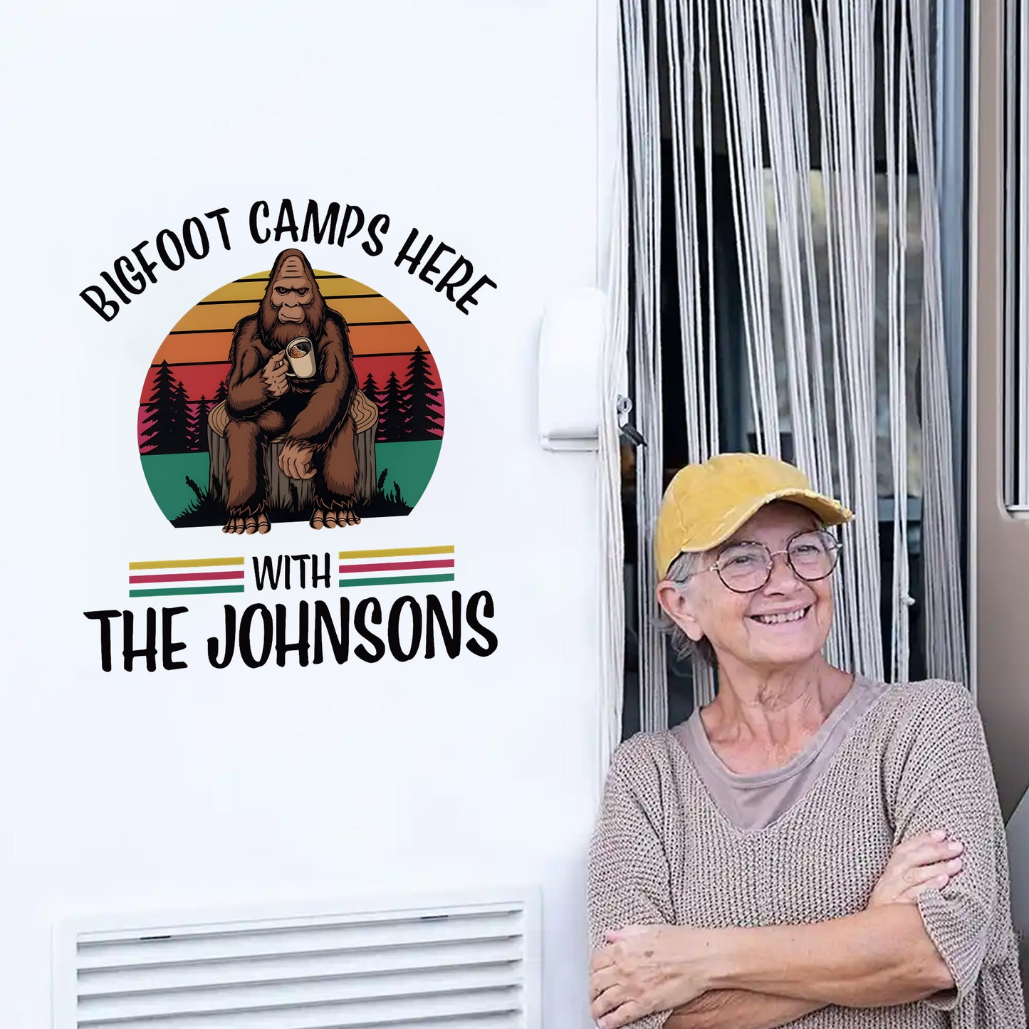 Vintage Bigfoot Camps Here - Personalized Family Name Bigfoot Decal