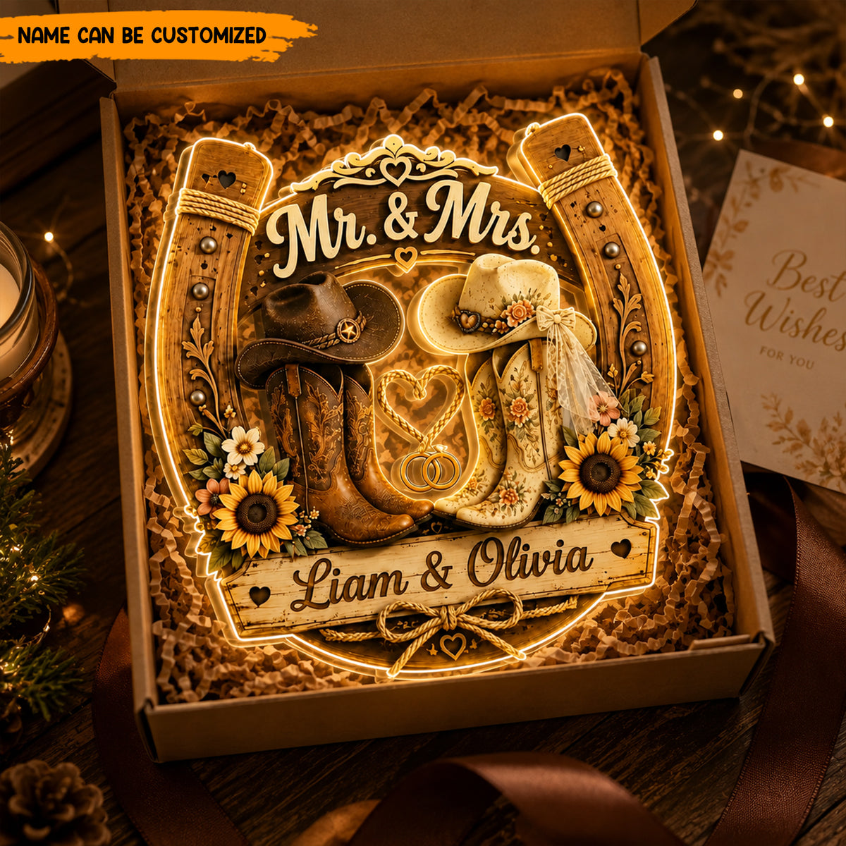 Personalized Western Wedding Acrylic Light box, Cowboy Boots Couple Decor