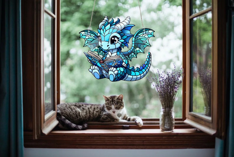 Blue Dragon With Book Acrylic Window Hanging