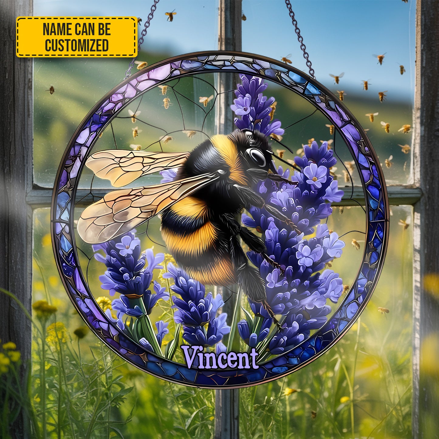 Personalized Bumblebee Lavender Stained Glass Suncatcher
