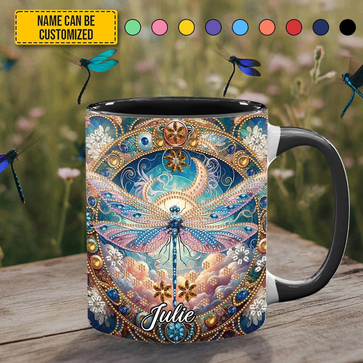Dragonfly & Flowers - Personalized Dragonfly Accent Mug