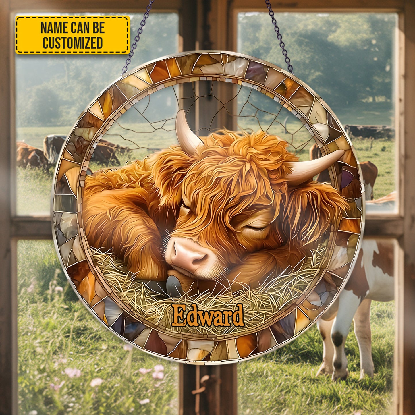 Personalized Sleeping Highland Cow Stained Glass Suncatcher