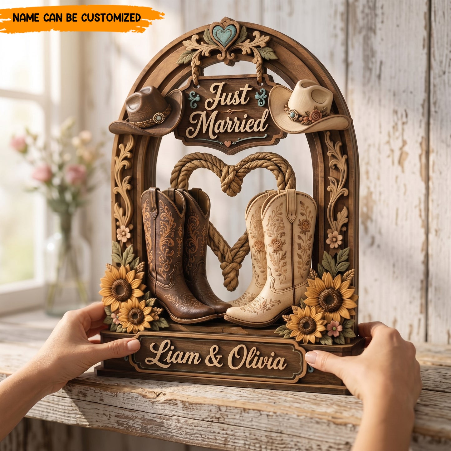 Personalized "Just Married" Country Wedding Wooden Sign - Cowboy Boot Wooden Block