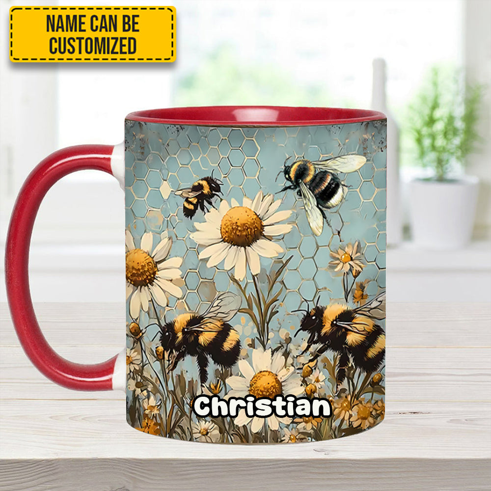 Vintage Garden Bee Floral Daisy - Personalized Bee Accent Mug