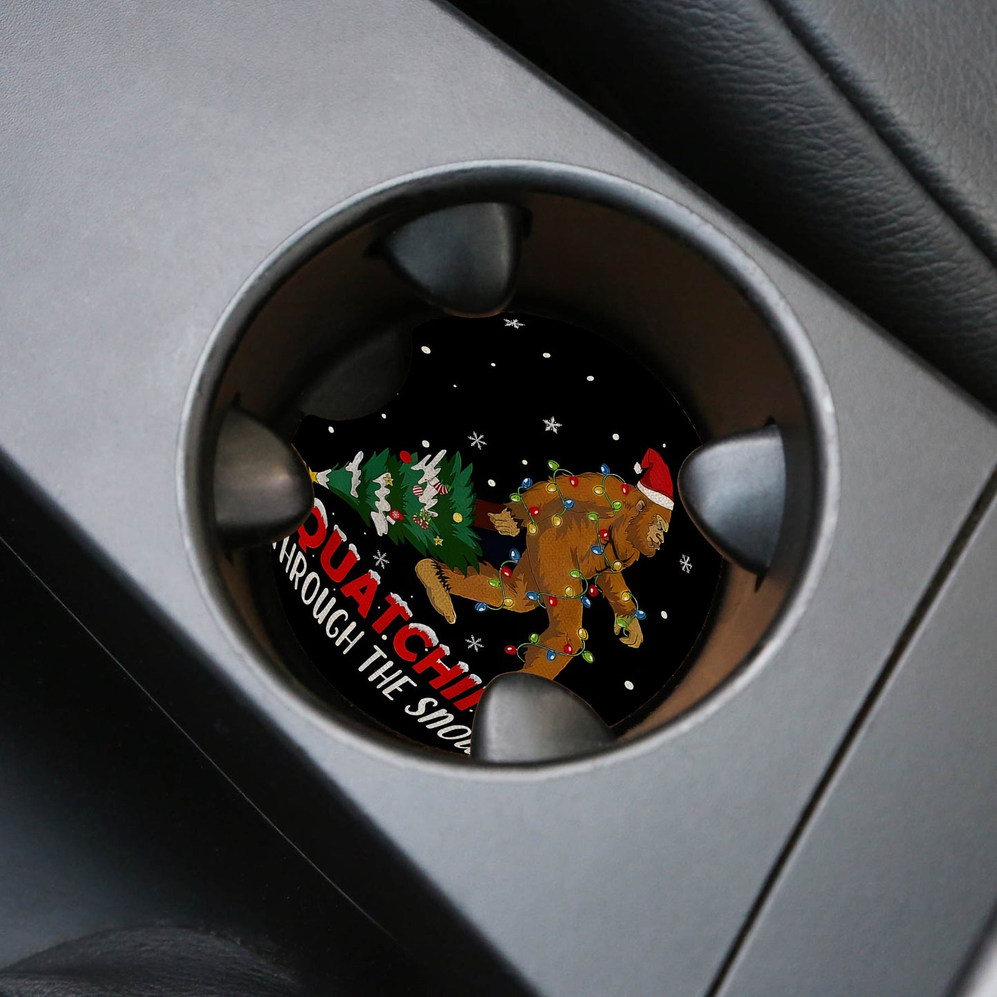 Funny Sasquatch & Christmas Tree Car Coaster