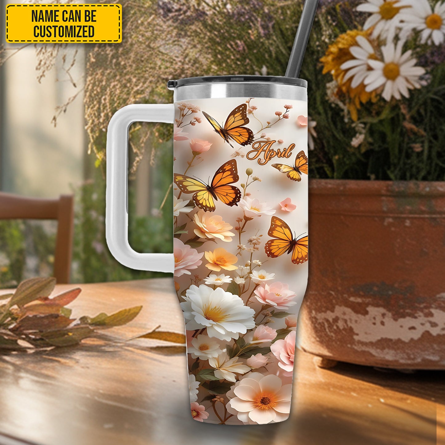 Flowers With Butterfly - Personalized Tumbler With Handle 40oz