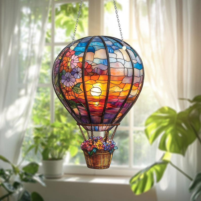 Sunset Hot Air Balloon Flowers Window Hanging