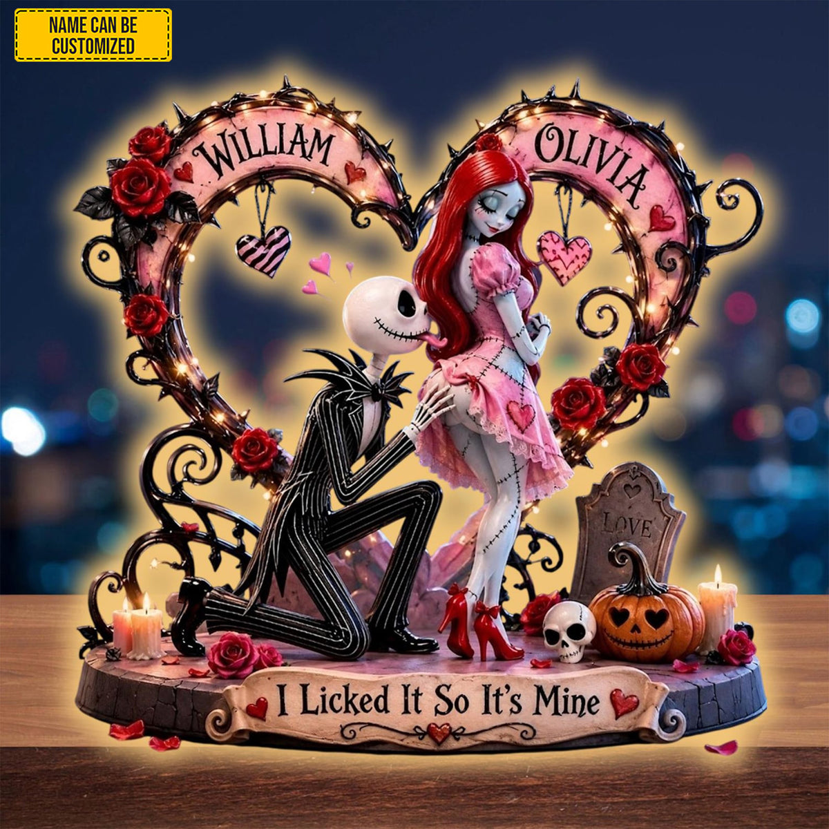 Personalized Gothic Couple LED Light Box, Custom Skeleton Love Night Light, Romantic Halloween Gift for Couples