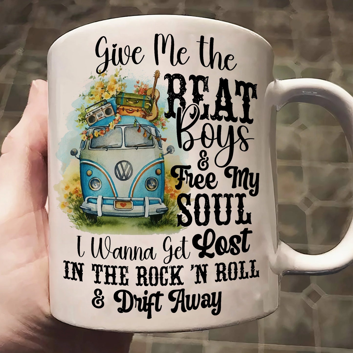 Hippie Guitar Give Me The Beat - Hippie Rock White Mug