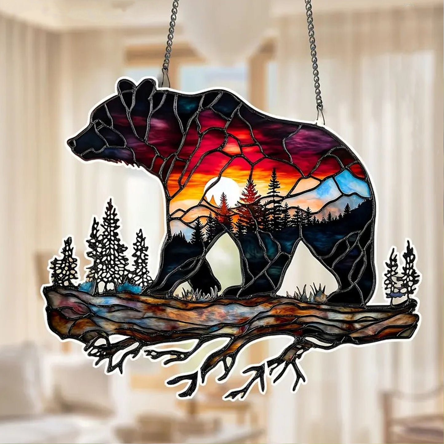 Bear Wanderlust Camping Suncatcher - Personalized Shape Stained Glass Suncatcher