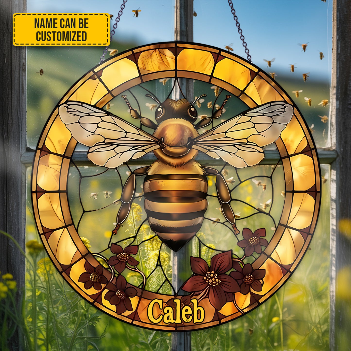 Personalized Golden Honeybee Stained Glass Suncatcher