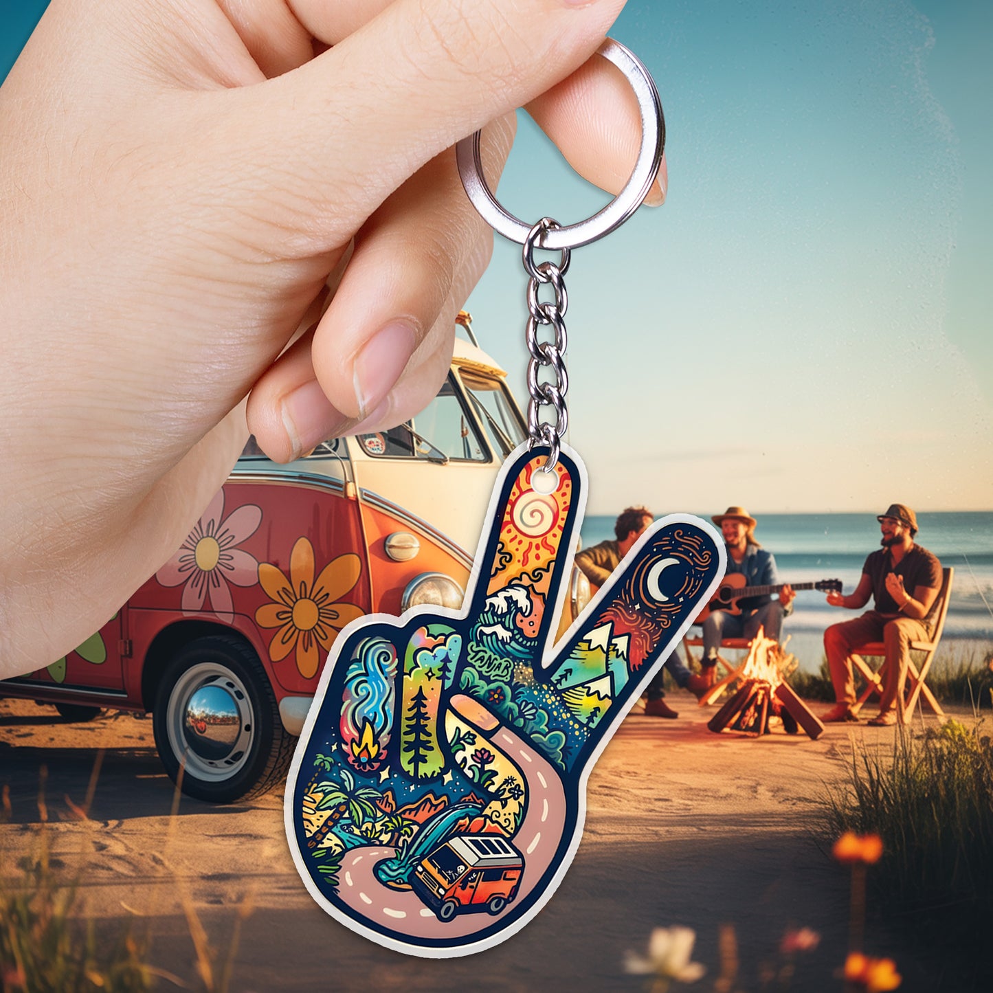 Peace & Love Retro Keychain