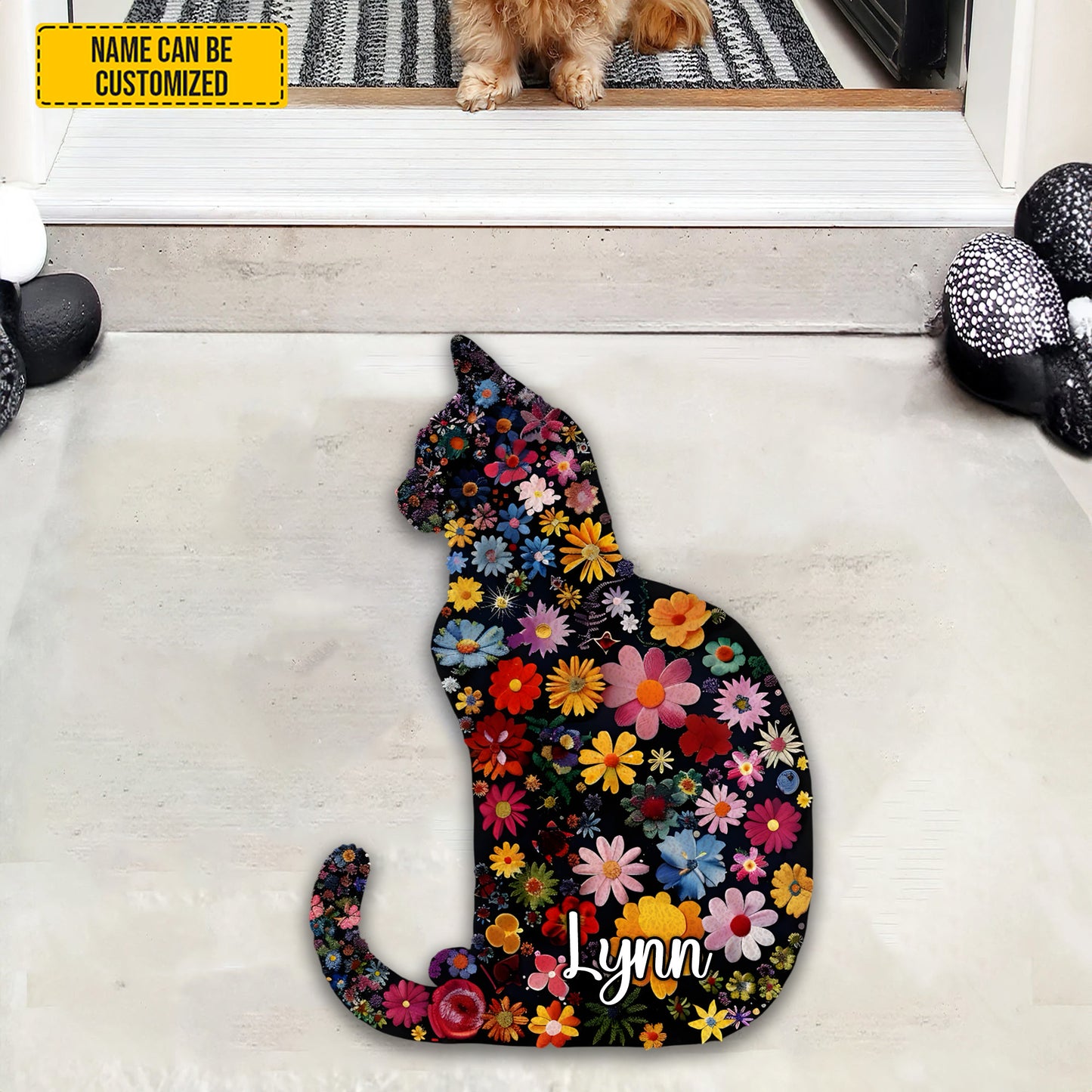 Cat Floral - Personalized Cat Shaped Doormat