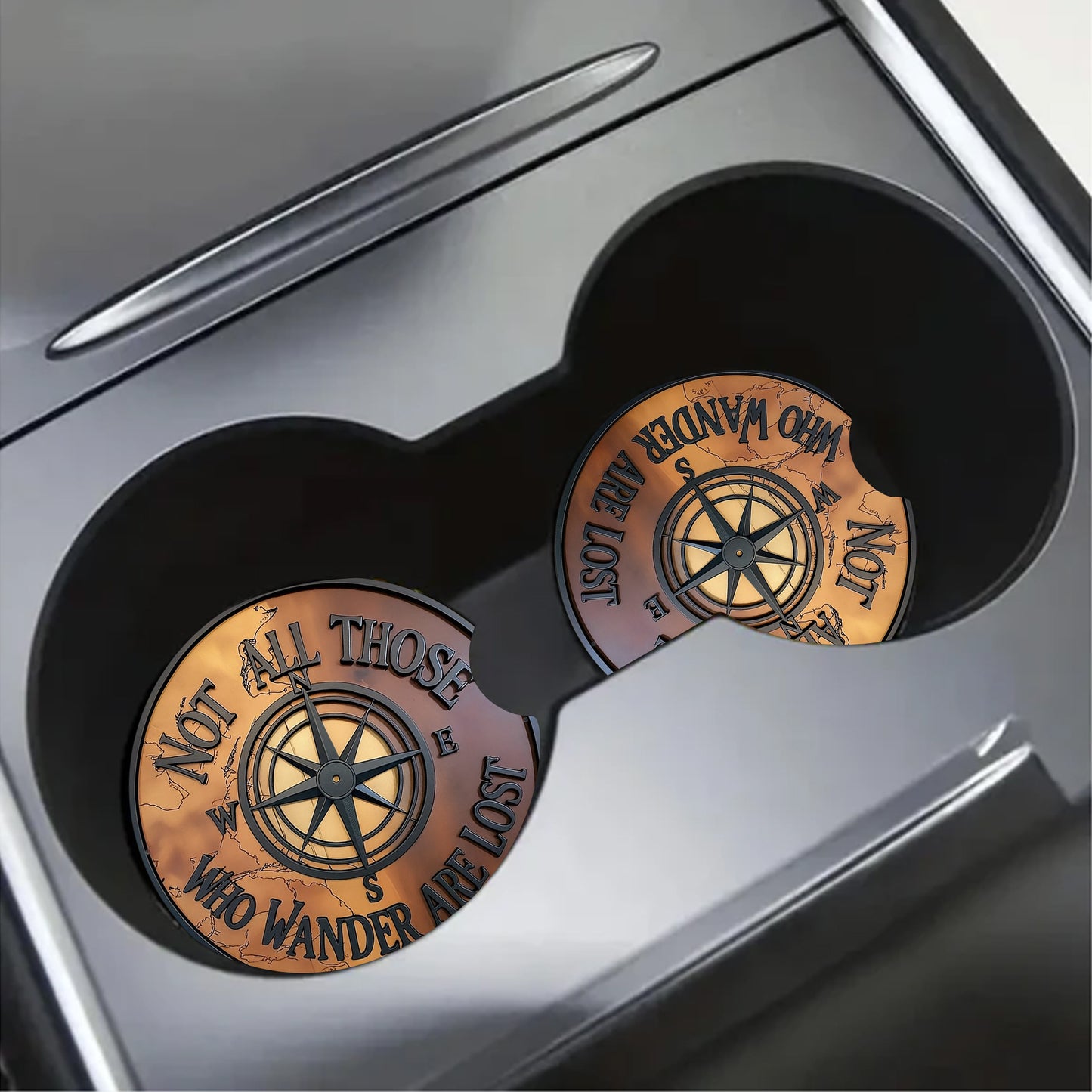 Vintage Compass Not All Wanderers Are Lost Car Coaster