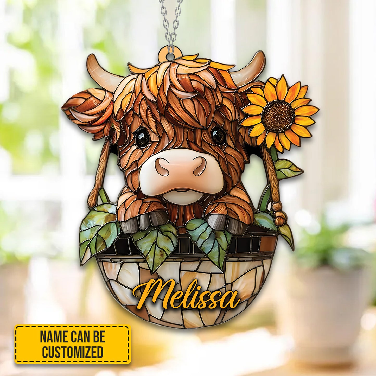 Personalized Charming Highland Cow & Sunflower Acrylic Window