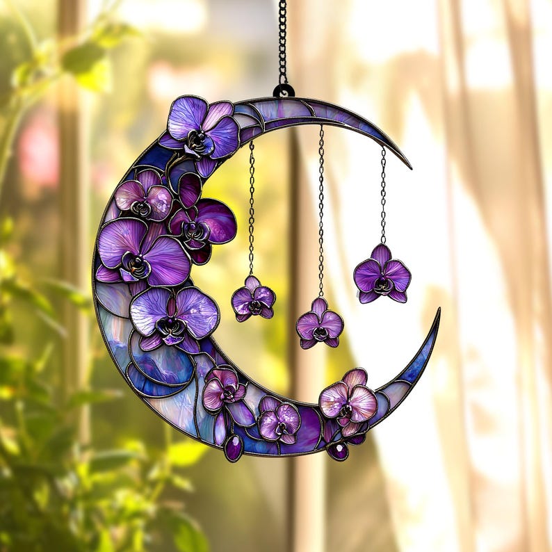 Orchid Flowers Crescent Moon Acrylic Window Hanging