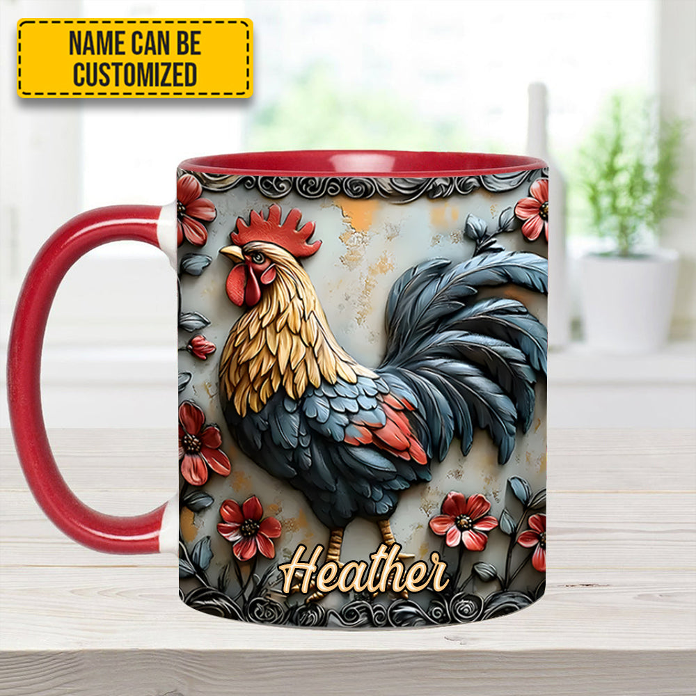 Rooster and Vibrant Flowers - Personalized Chicken Accent Mug