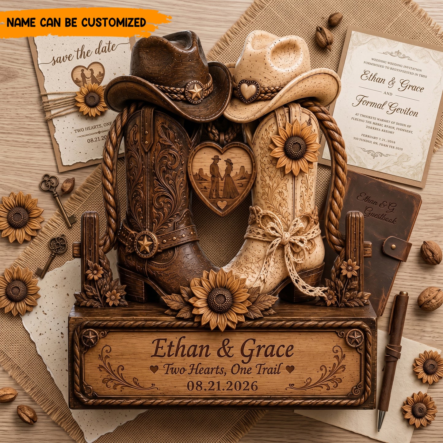 Custom Western Cowboy Boots Wooden Block Plaque – Two Hearts, One Trail