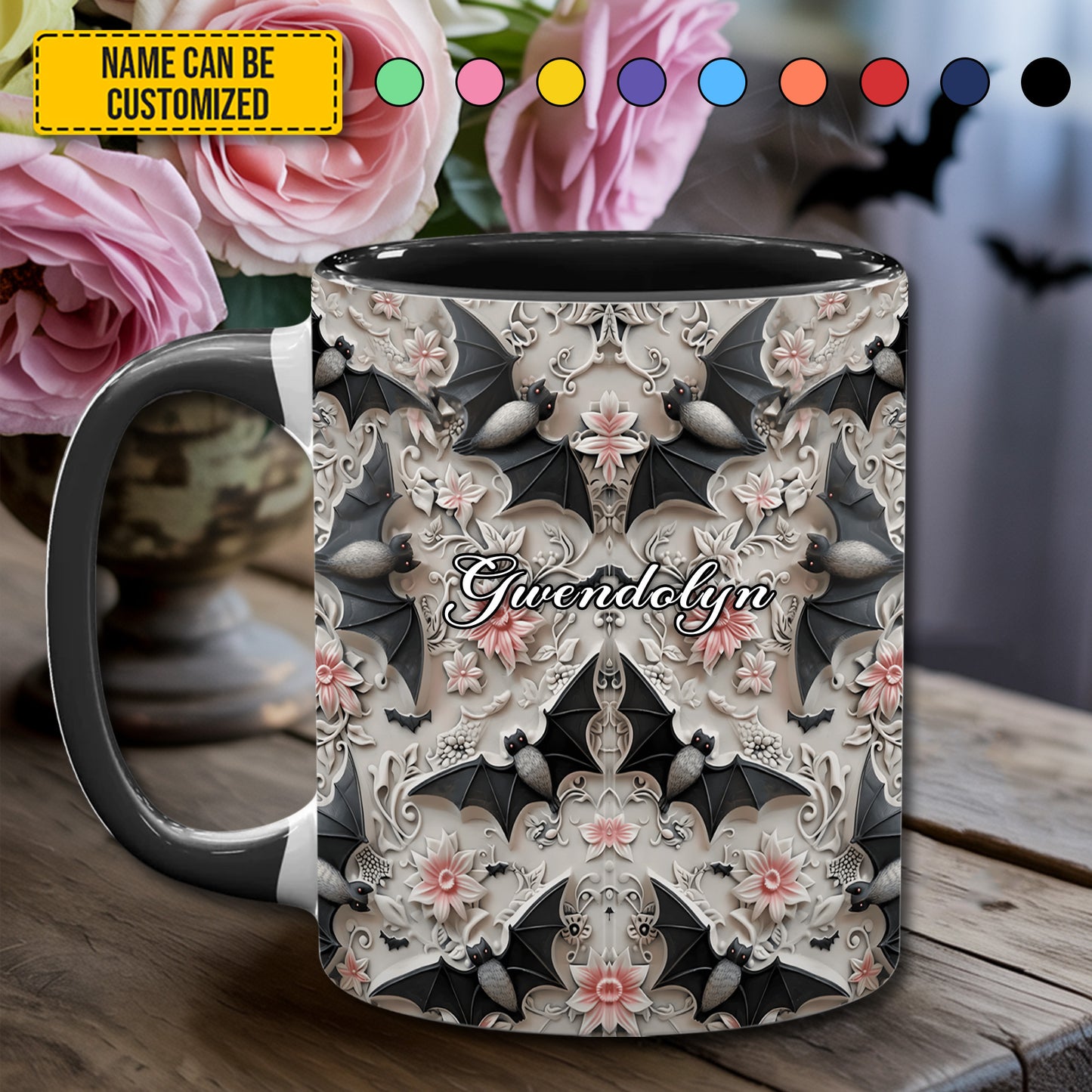 Midnight Bloom – Personalized Bat Accent Mug
