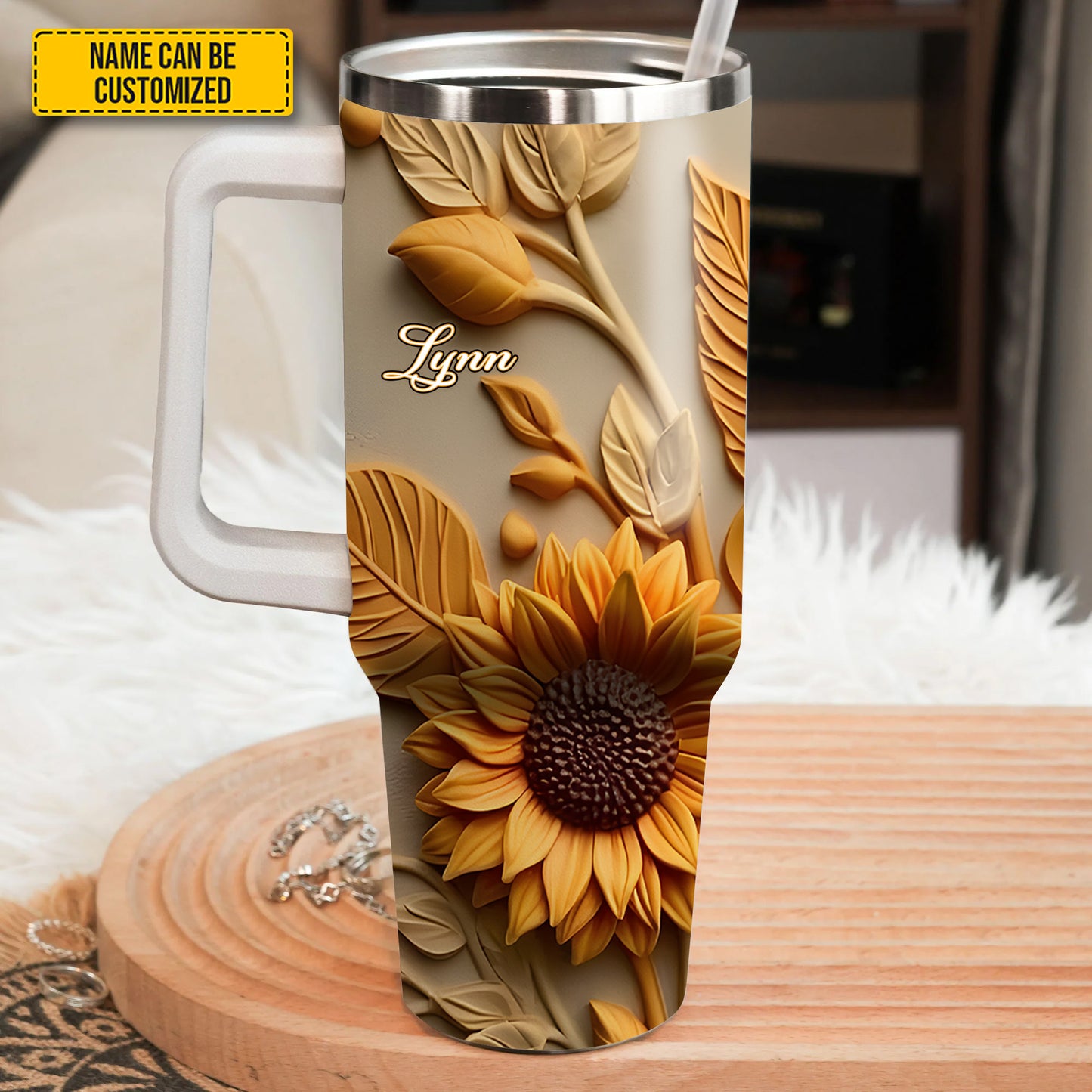 Love Sunflower - Personalized Tumbler With Handle 40oz