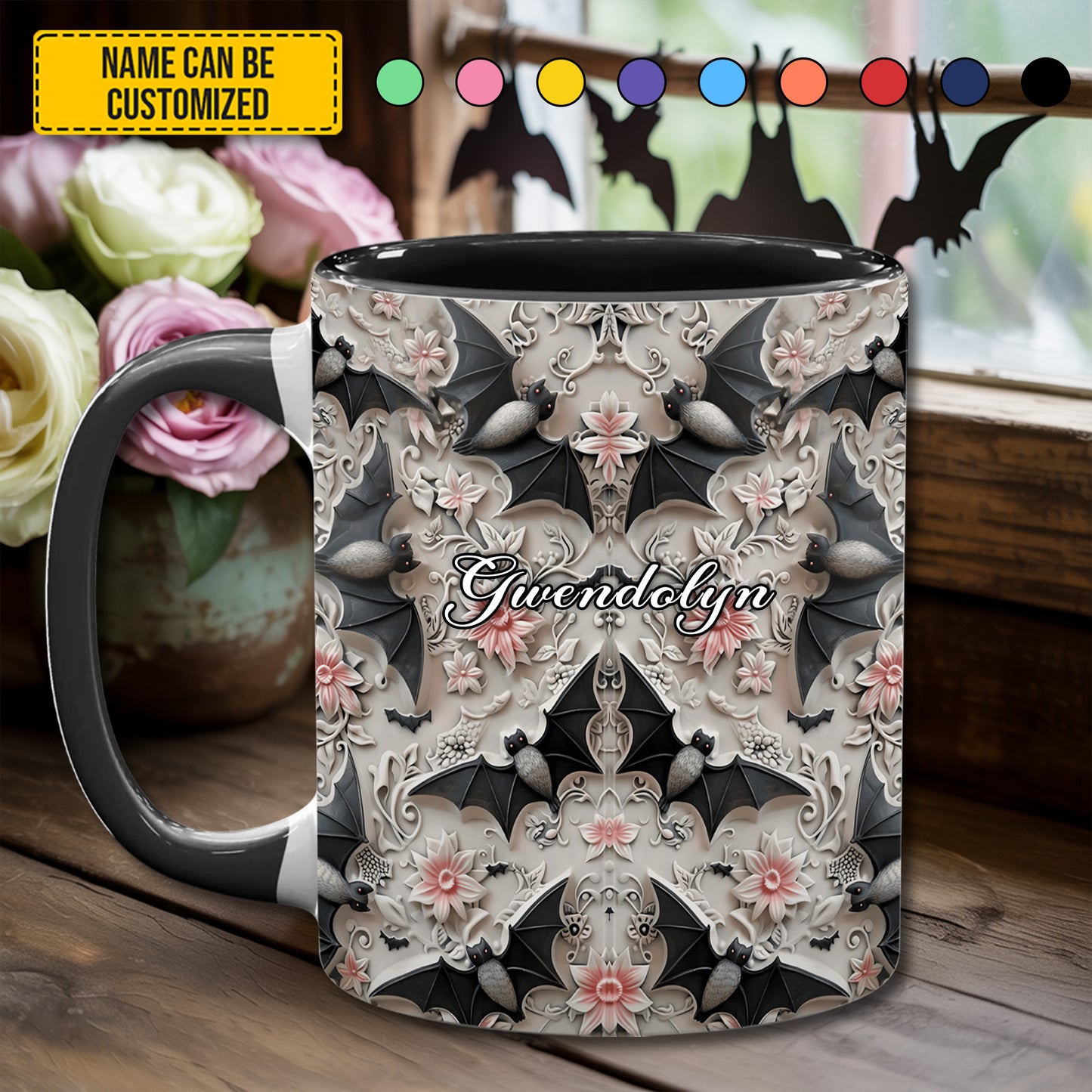 Midnight Bloom – Personalized Bat Accent Mug