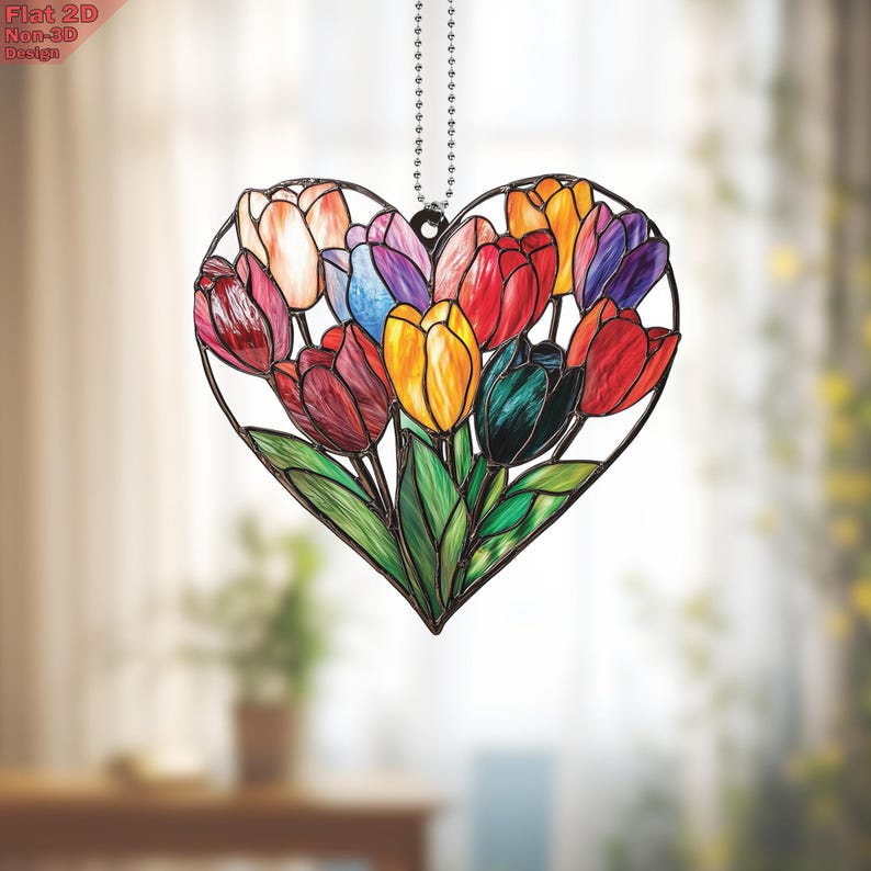 Colorful Tulips Heart Window Hanging Acrylic