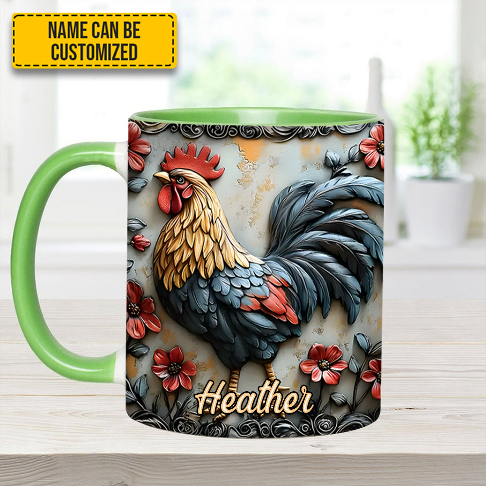 Rooster and Vibrant Flowers - Personalized Chicken Accent Mug