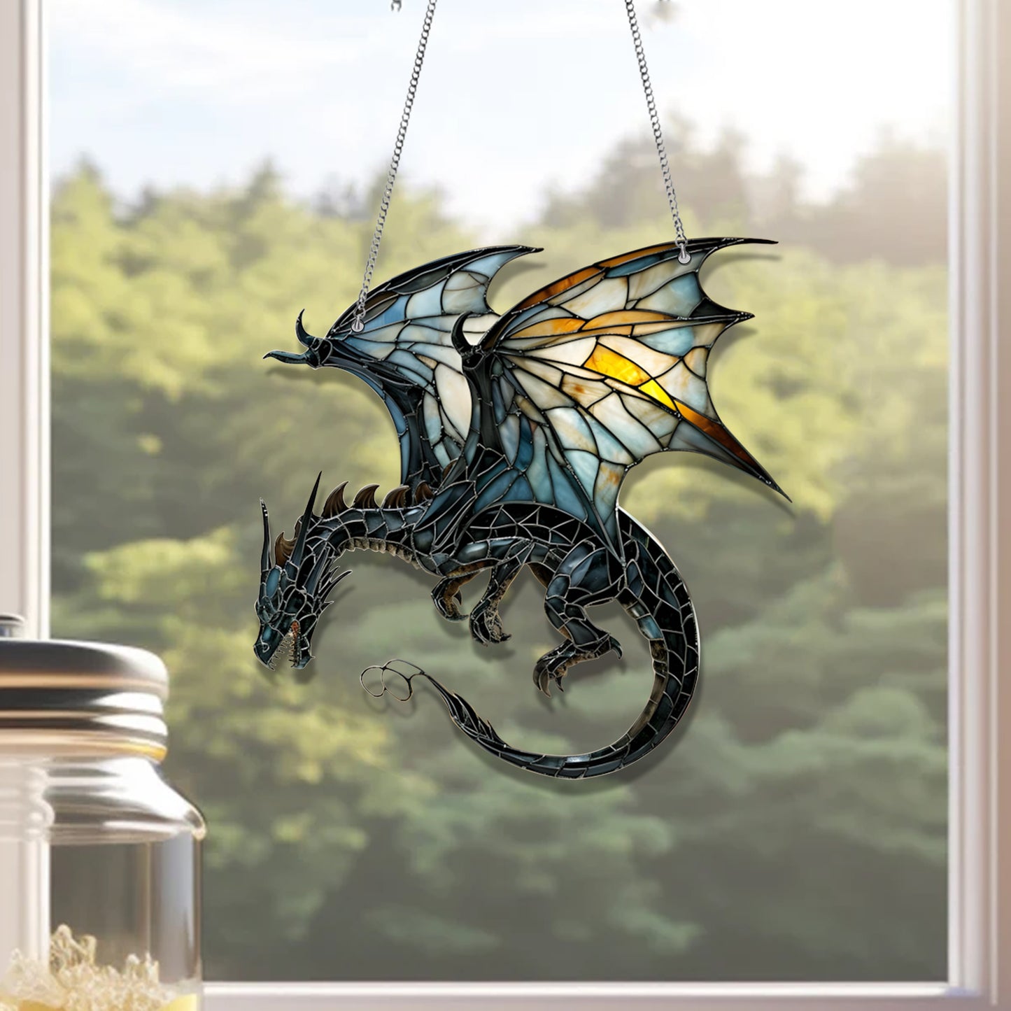 Fantasy Dragon Stained Glass Window Hanging Decor