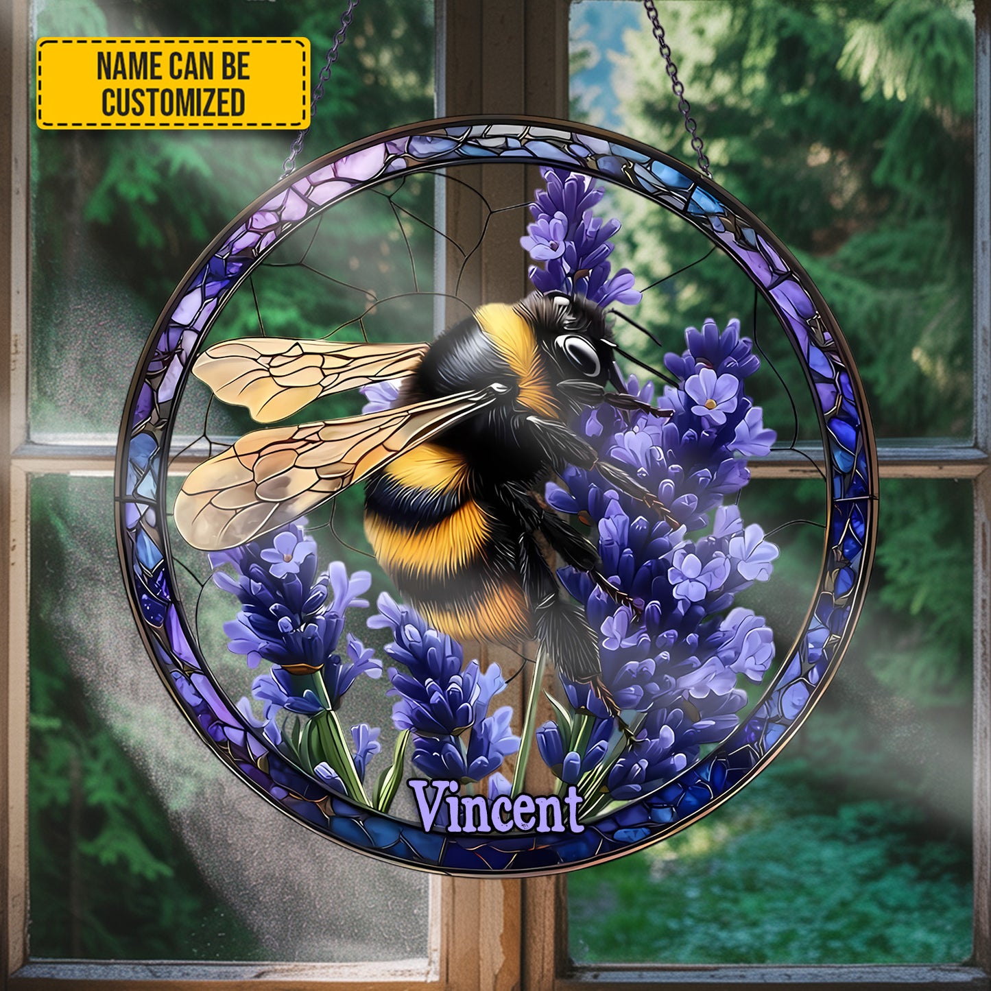 Personalized Bumblebee Lavender Stained Glass Suncatcher